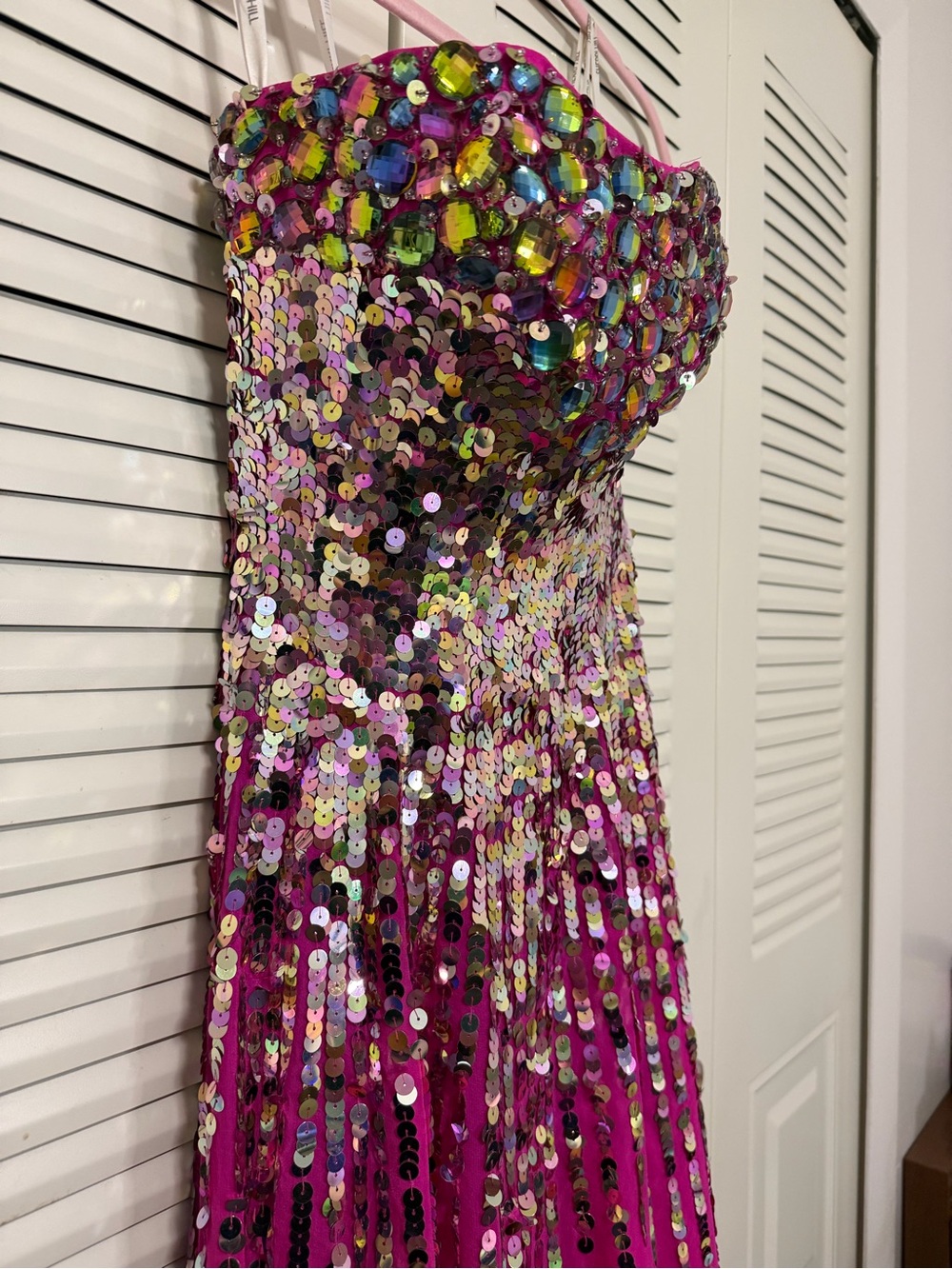 Sherri Hill Fuchsia Strapless Sequin High-Low Gown - Picture 6 of 9